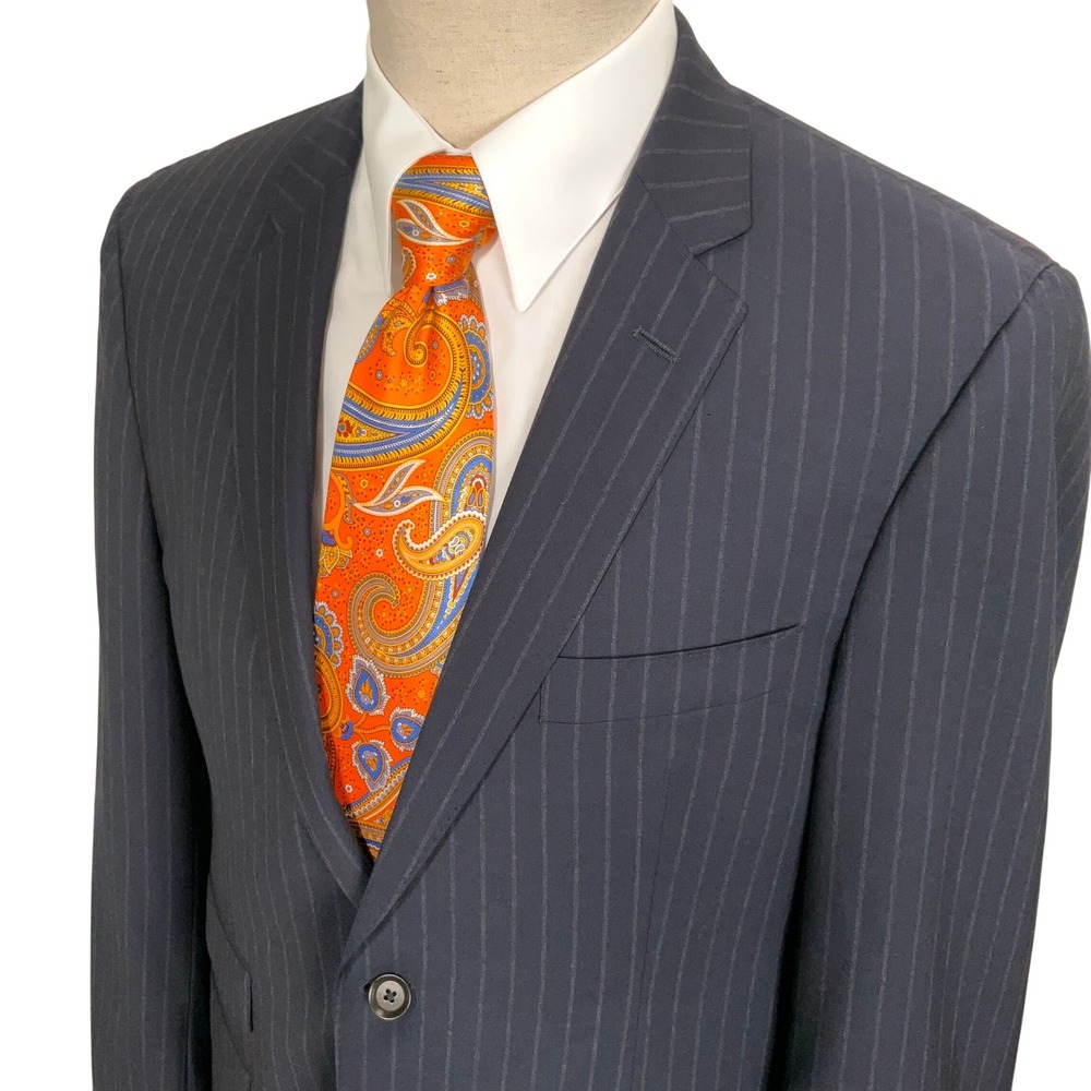 Hugo Boss Suit Jacket Mens 40R Navy Pinstripe Super‎ 110 Edison Power FLAW